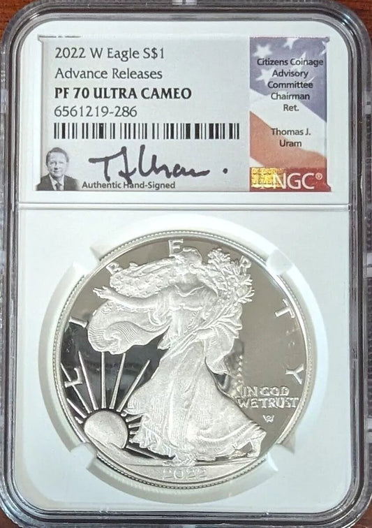 2022 W PROOF SILVER EAGLE NGC PF70 ADVANCE RELEASES THOMAS URAM SIGNED - Which Mark