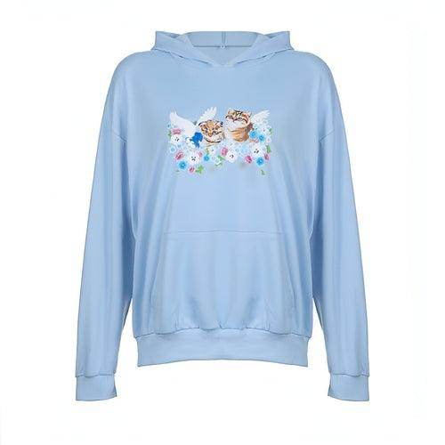 Cat Print Hooded Loose Pullover Long Sleeve Casual Sweater Women - Which Mark