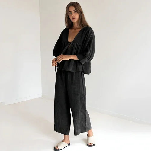 Women's Fashion Long Sleeve Double-layer Crepe Pajamas Trousers Loose - Which Mark