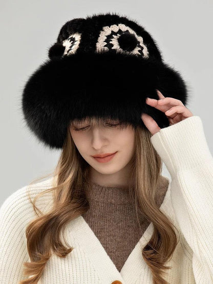Ethnic style mink warm ear protection fox fur bucket hat - Which Mark
