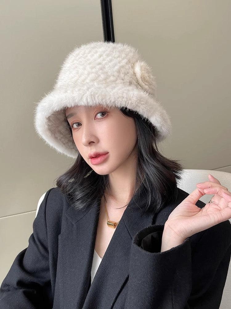 Mink Woven Fur Hat Women's Camellia Flower Bucket Hat - Which Mark