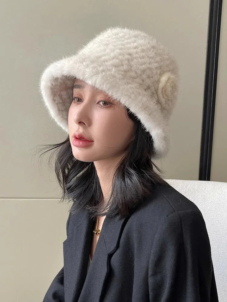 Mink Woven Fur Hat Women's Camellia Flower Bucket Hat - Which Mark