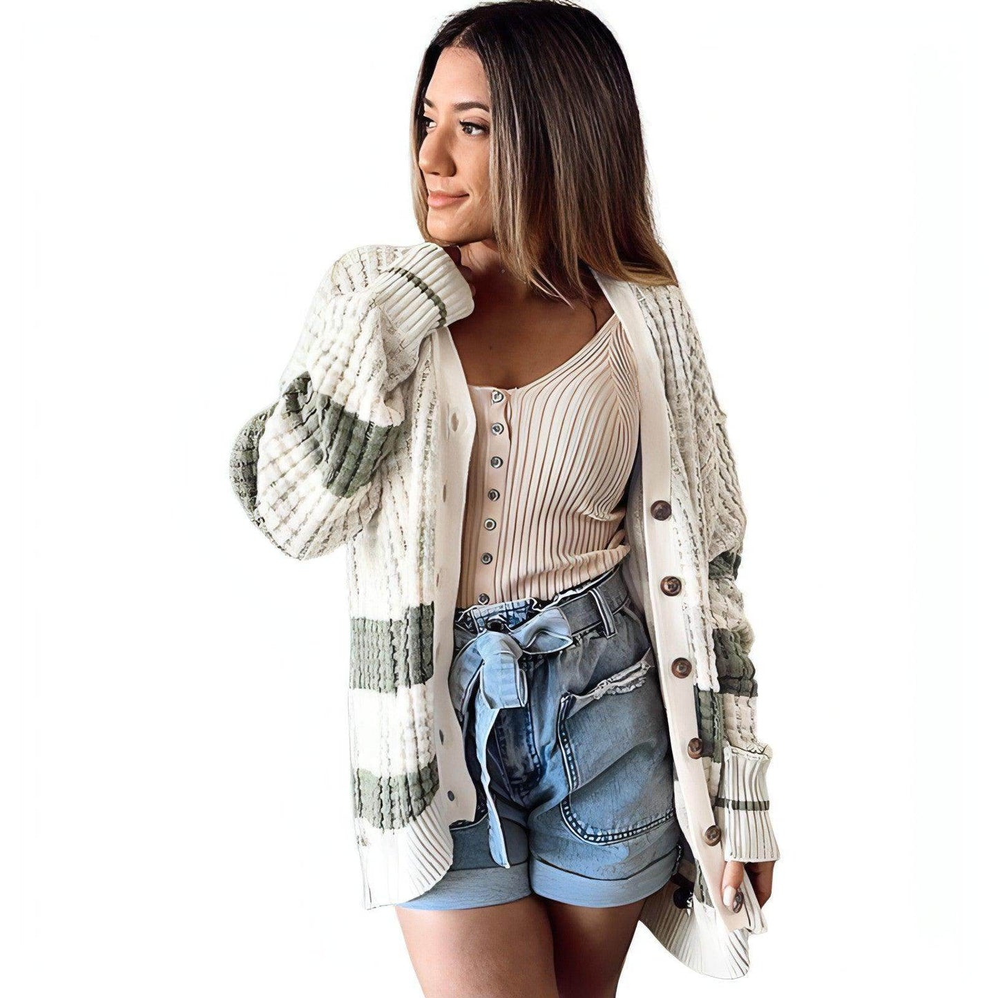 Women's Color Matching Long-sleeved Cardigan Loose Sweater - Which Mark