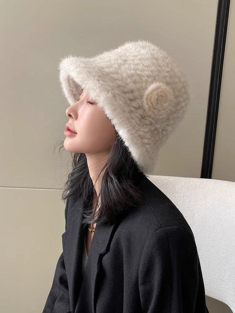 Mink Woven Fur Hat Women's Camellia Flower Bucket Hat - Which Mark