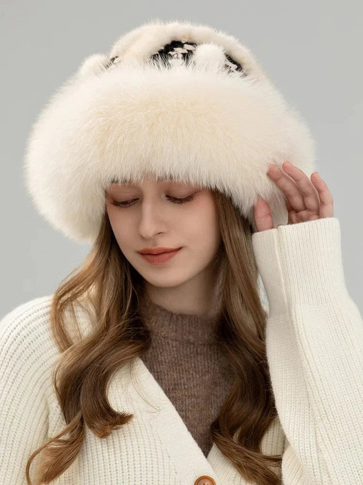 Ethnic style mink warm ear protection fox fur bucket hat - Which Mark