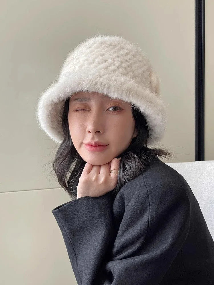 Mink Woven Fur Hat Women's Camellia Flower Bucket Hat - Which Mark