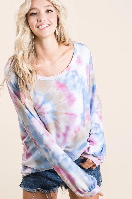 BiBi Tie Dye Print Terry Top With Puff Sleeves - Which Mark