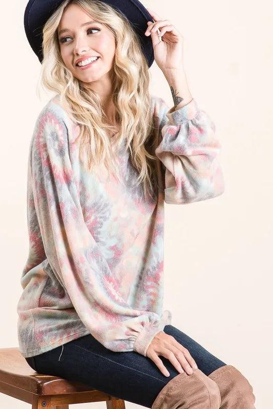 BiBi Brushed Tie Dye Print Top with Puff Sleeves - Which Mark