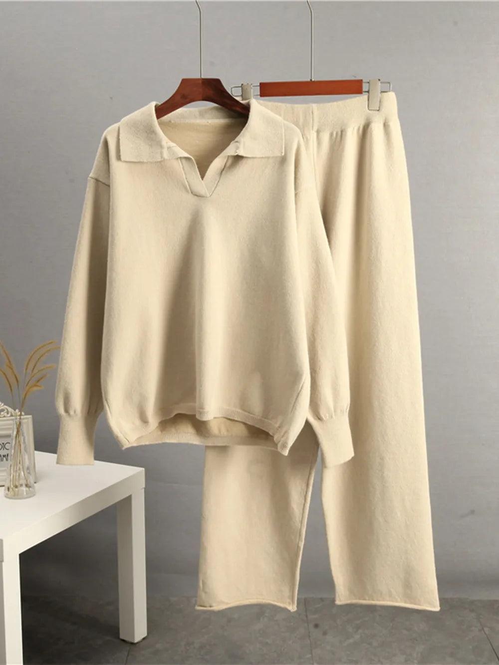 Johnny Collar Long Sleeve Top and Pants Sweater Set - Which Mark