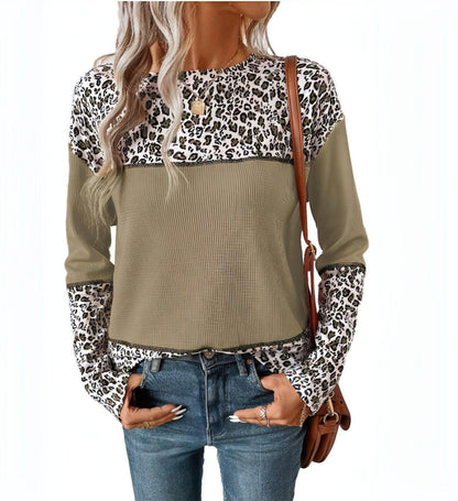 Women Round Neck Leopard Splicing Waffle Sweater - Which Mark
