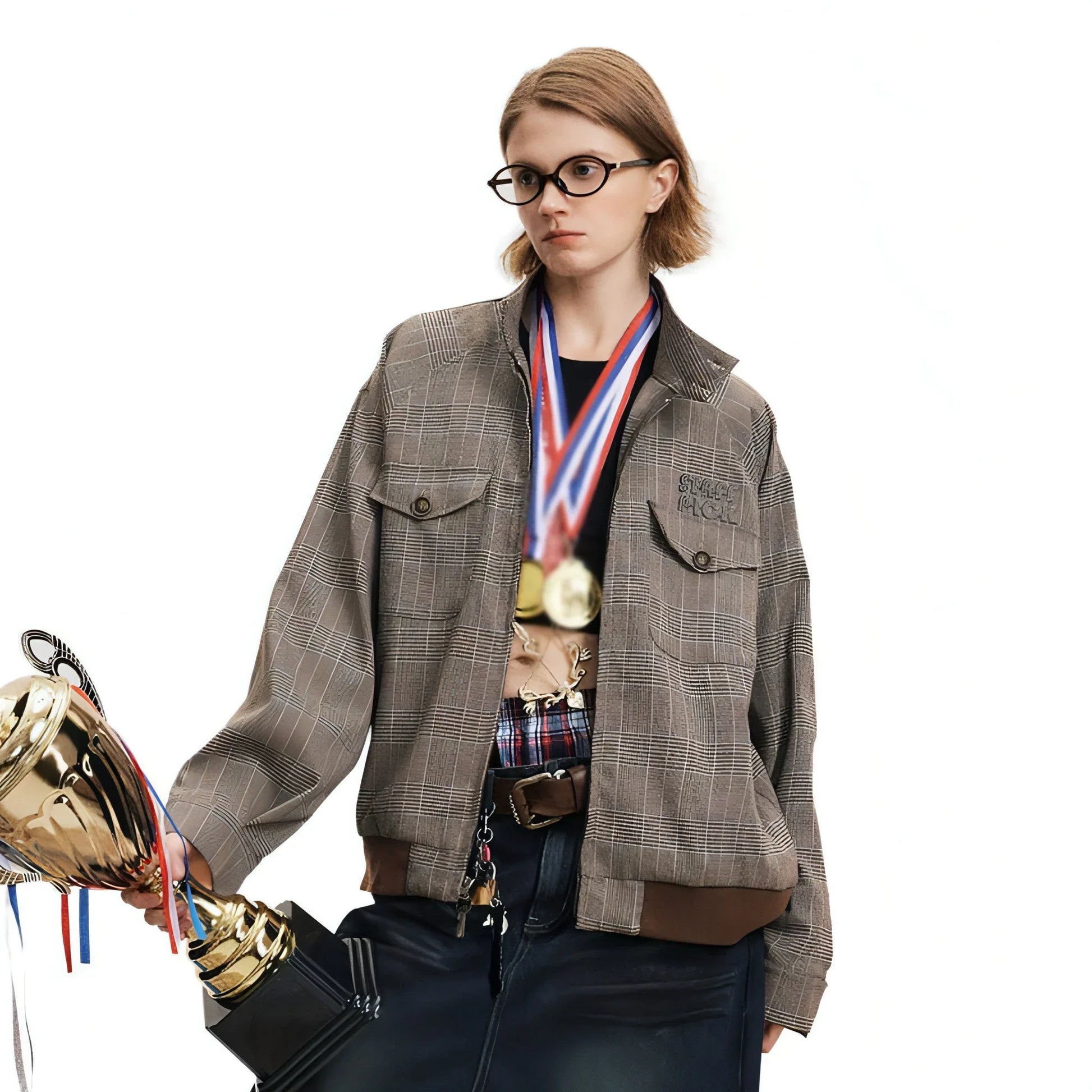 Plaid Loose-fitting Stand-up Collar Jacket Men And Women - Which Mark