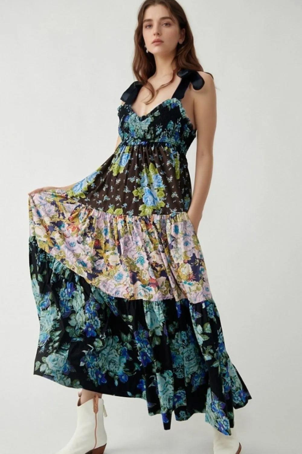 Floral Tiered Maxi Dress with Mixed Print Design - Which Mark