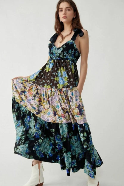 Floral Tiered Maxi Dress with Mixed Print Design - Which Mark