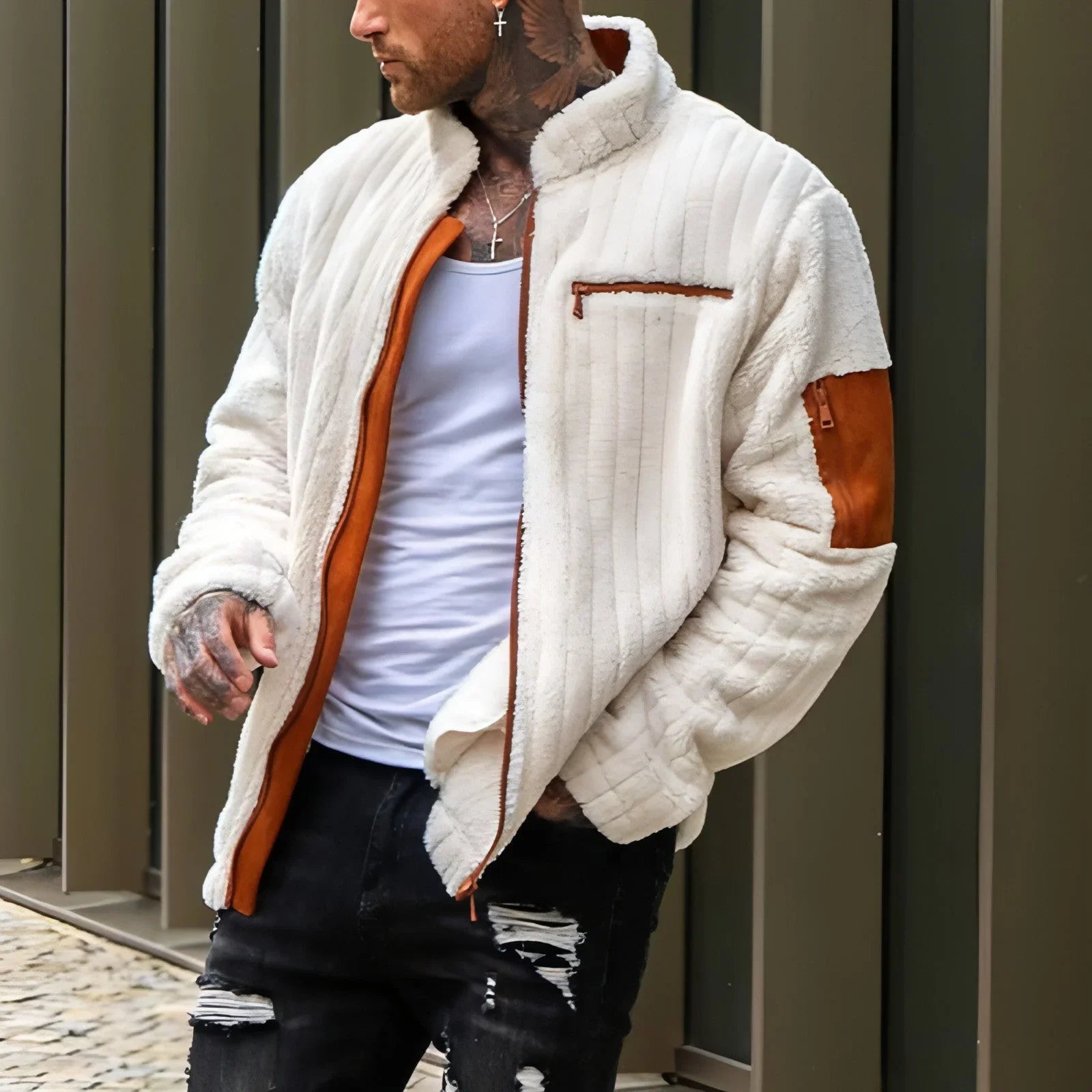 Color Collision Design Plush Jacket For Men - Which Mark