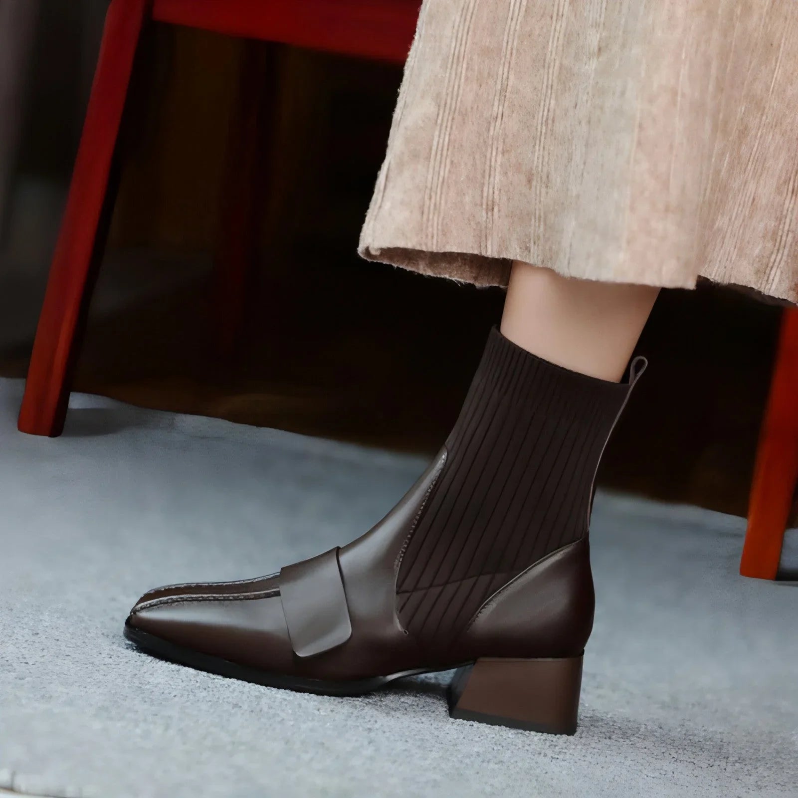Large Brown Square Toe Mid-heel Soft Leather Shoes - Which Mark