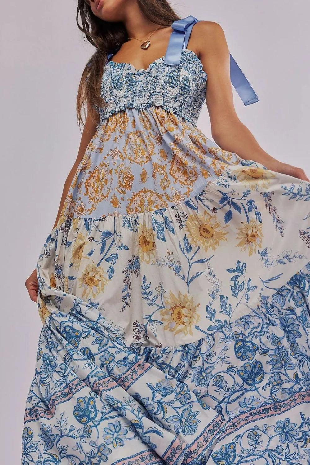 Floral Tiered Maxi Dress with Mixed Print Design - Which Mark