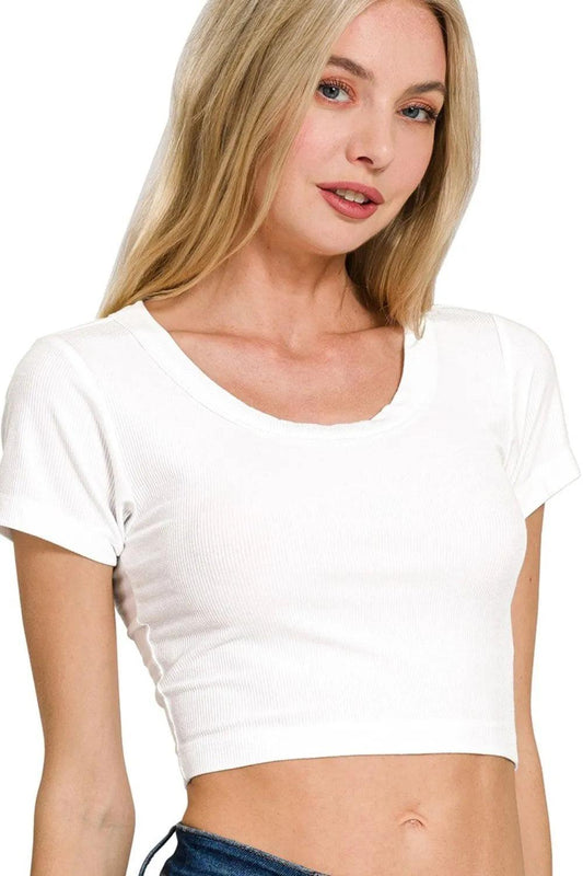 Zenana Ribbed Scoop Neck Crop Short Sleeve Top - Which Mark