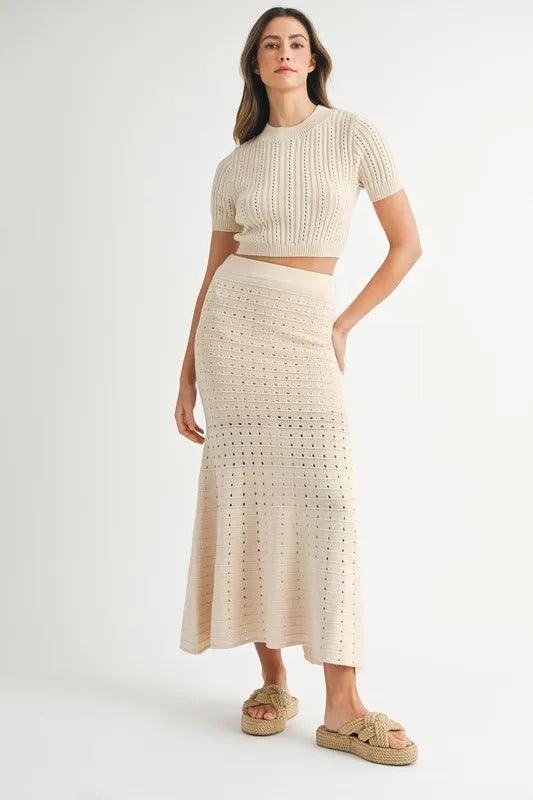MABLE Pointelle Short Sleeve Crop Top and Slit Skirt Sweater Set - Which Mark