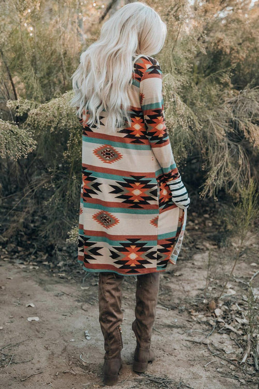 Multicolor Geometric Color Block Open Front Long Cardigan - Which Mark