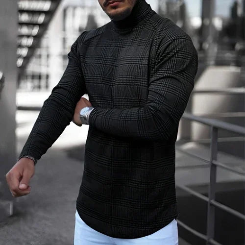 Men's Slim Pullover Long Sleeve T-Shirt High Neck Striped Base Shirt - Which Mark