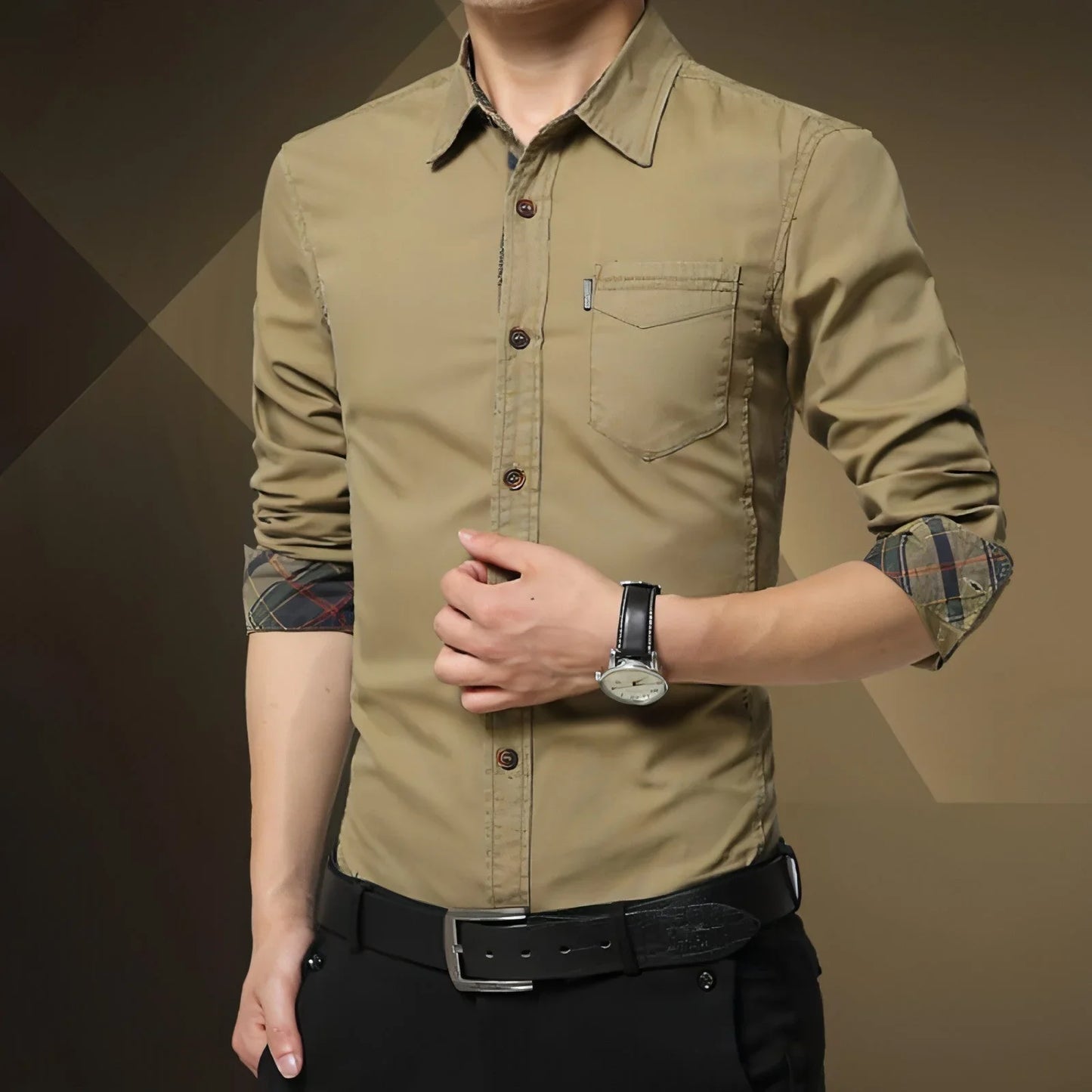 Solid Color Men's Military Dress Shirt Style Slim Fit - Which Mark