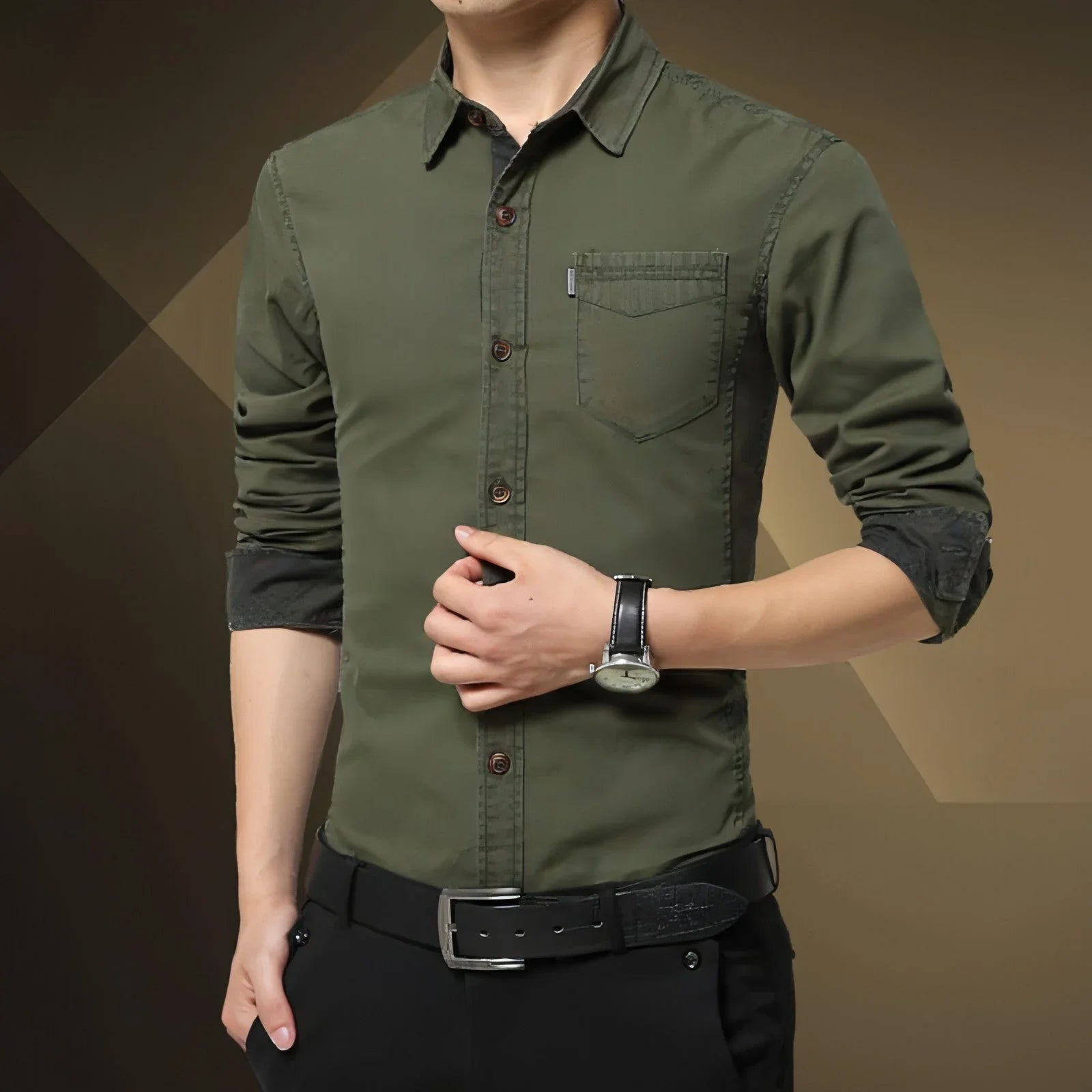 Solid Color Men's Military Dress Shirt Style Slim Fit - Which Mark