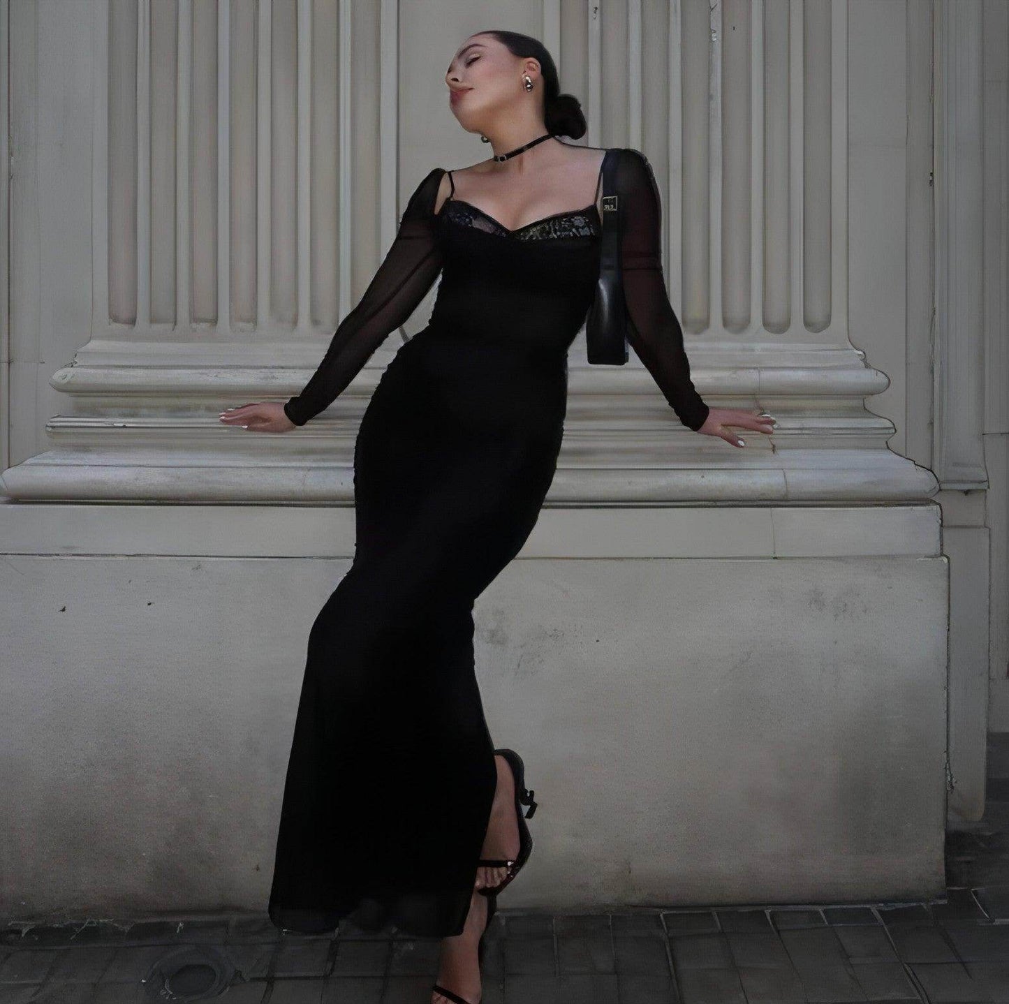 Women's Black With Fishbone Braces Long Sleeve Tight Dress - Which Mark