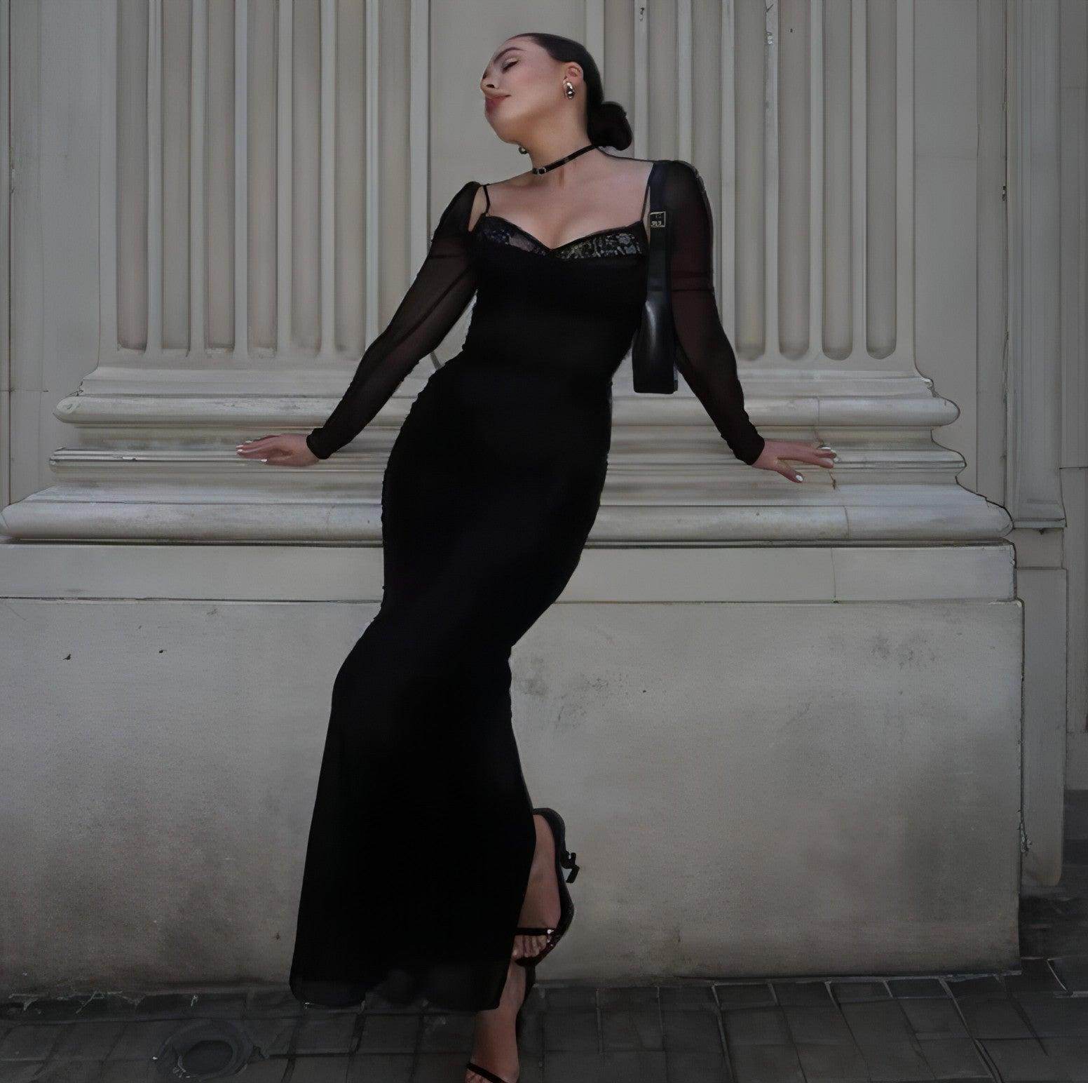 Women's Black With Fishbone Braces Long Sleeve Tight Dress - Which Mark