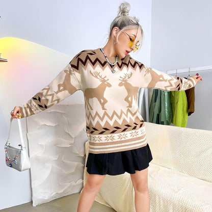 Round Neck Pullover Elk Style Women's Knitted Sweater Women - Which Mark