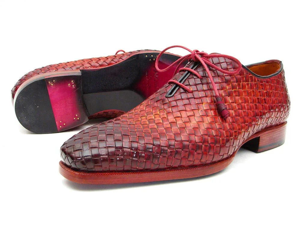 Paul Parkman Bordeaux & Tobacco Woven Leather Oxfords (ID#54HK42) - Which Mark
