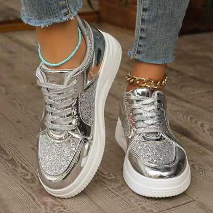 Fashion Lace-up Flat Shoes With Sequin Design Casual Sports Thick - Which Mark