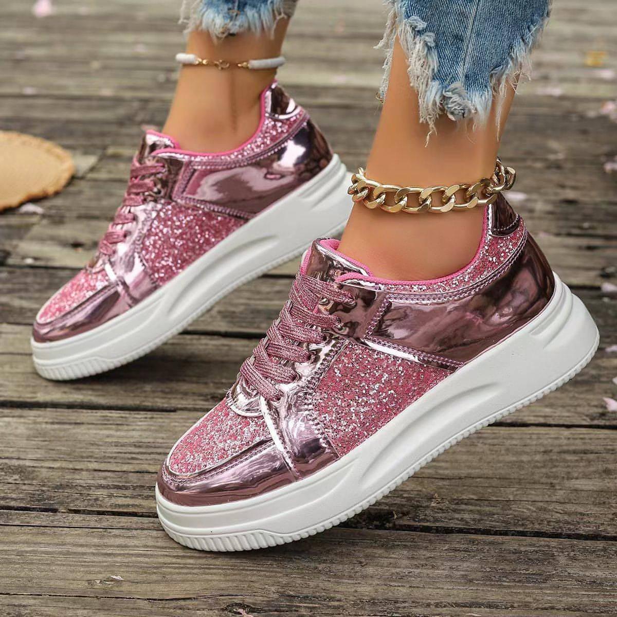 Fashion Lace-up Flat Shoes With Sequin Design Casual Sports Thick - Which Mark