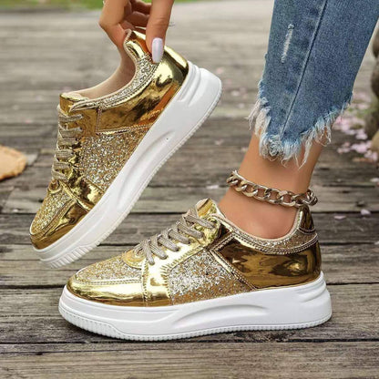 Fashion Lace-up Flat Shoes With Sequin Design Casual Sports Thick - Which Mark