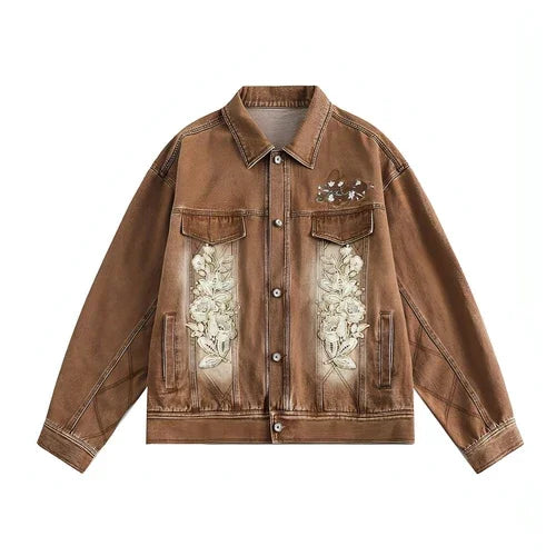 Floral Embroidery Spray Painting Denim Jacket Men & Women Punk - Which Mark