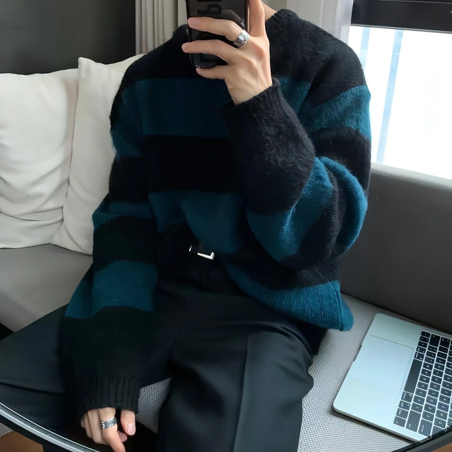 Round Neck Striped Design Sense Niche Soft Glutinous Sweater Men - Which Mark