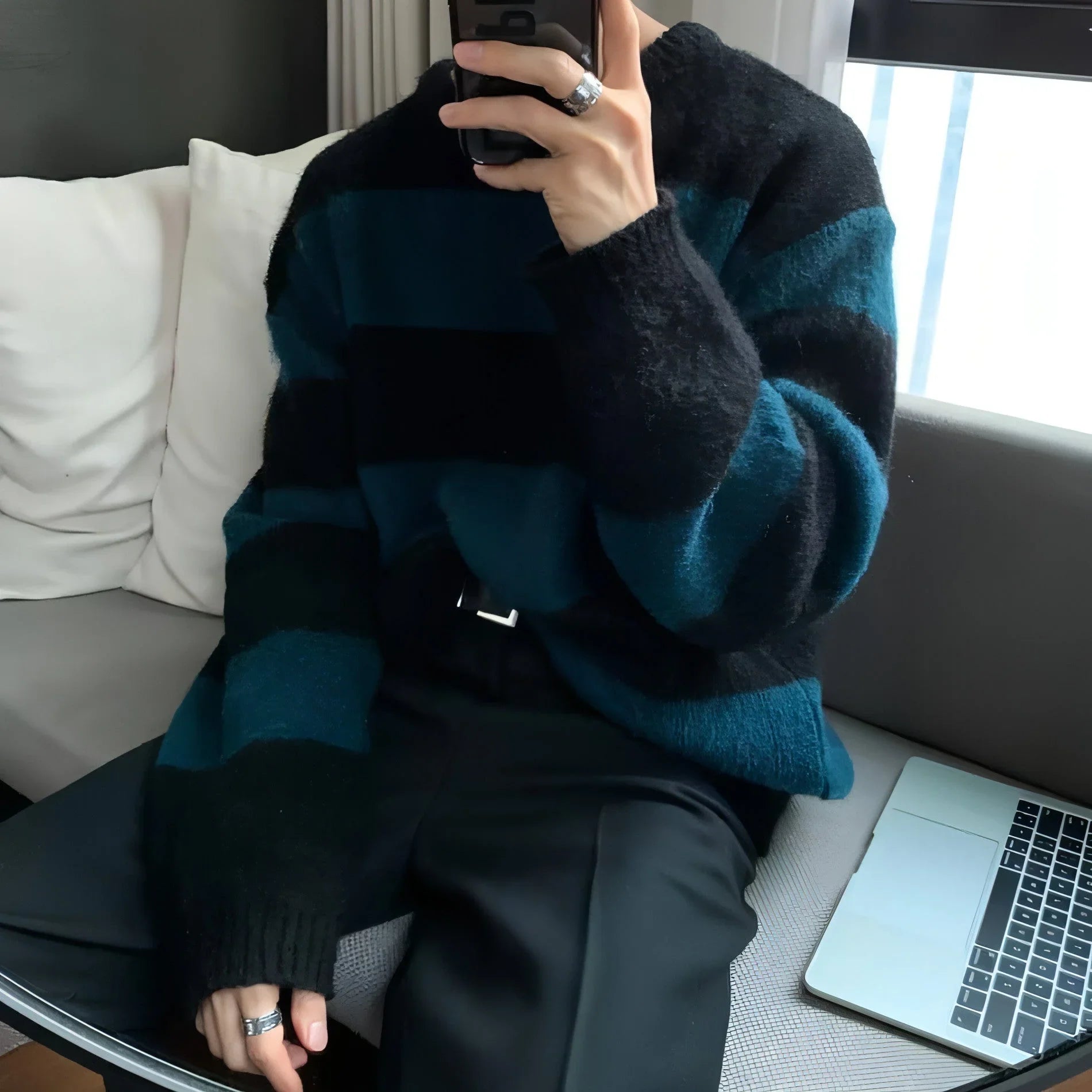 Round Neck Striped Design Sense Niche Soft Glutinous Sweater Men - Which Mark