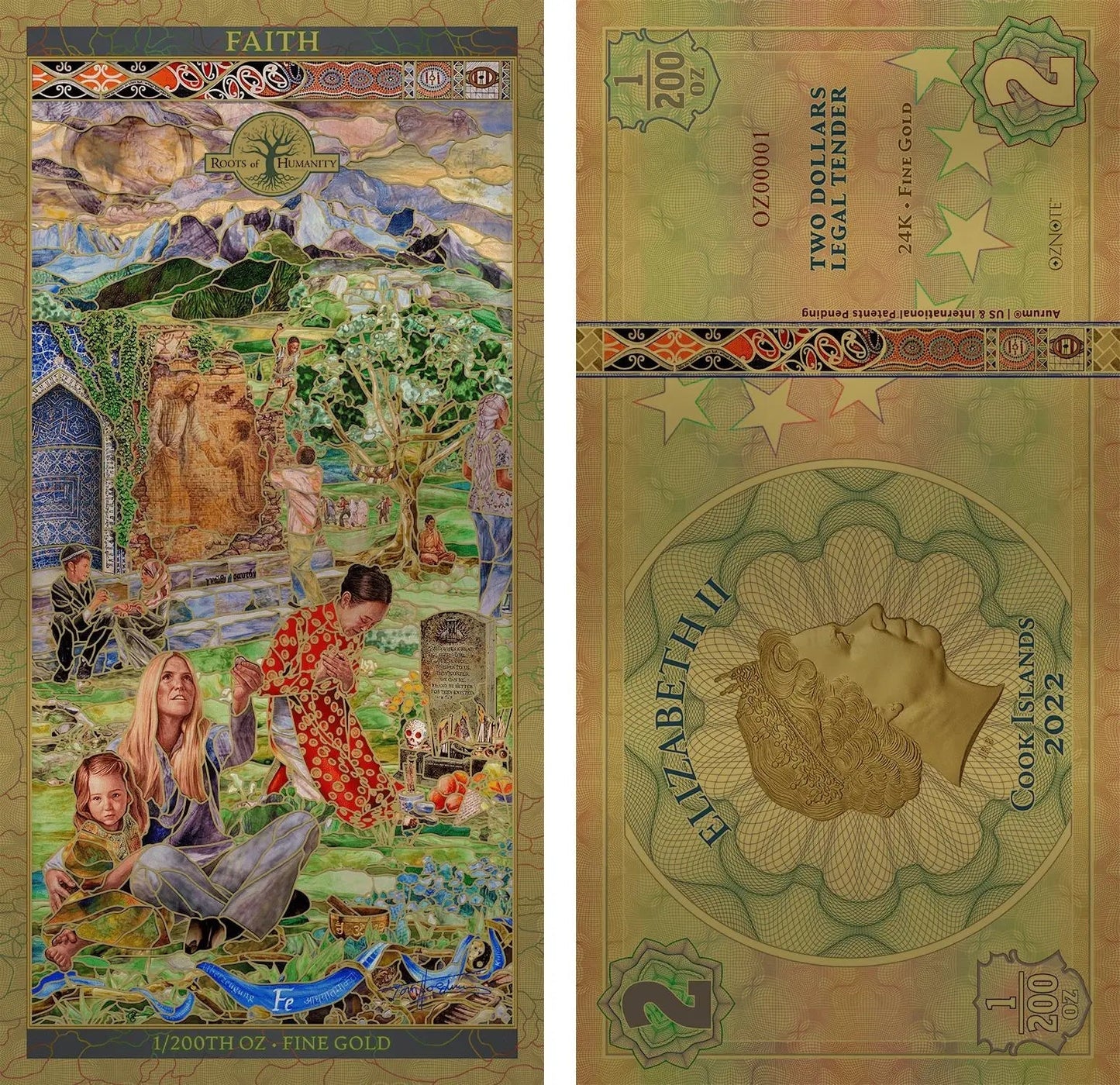 2022 Cook Islands FAITH 7 Pillars of Humanity 24k Gold Note - Which Mark