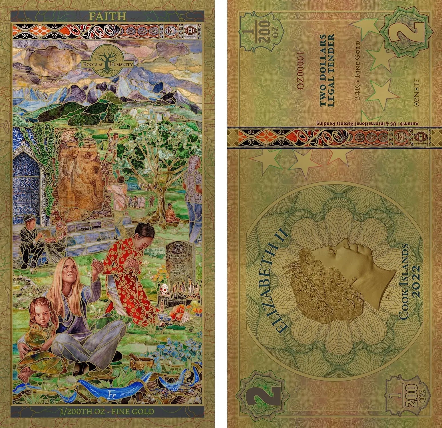 2022 Cook Islands FAITH 7 Pillars of Humanity 24k Gold Note - Which Mark
