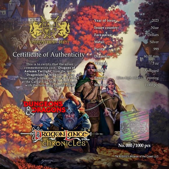 5 oz Silver DRAGONS OF AUTUMN TWILIGHT Dragonlance Coin 2023 Niue - Which Mark