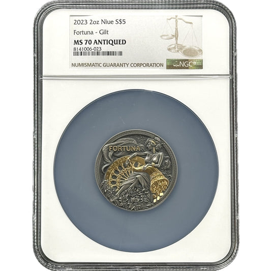 2 oz Silver FORTUNA Gilt Coin MS70 2023 NIue - Which Mark
