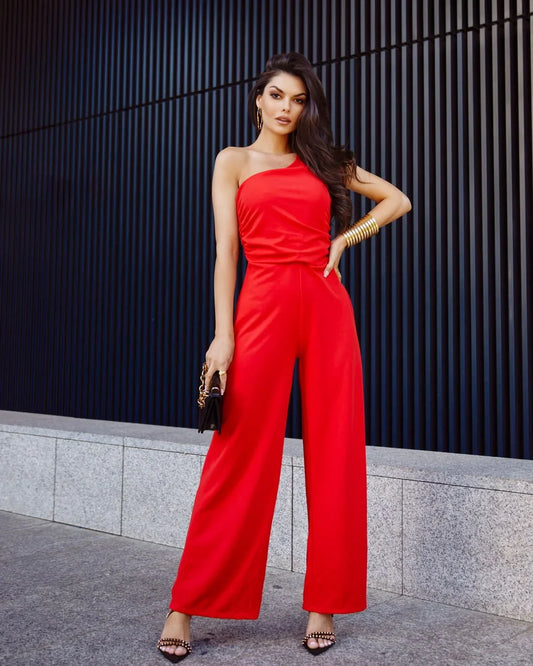 Elegant one-shoulder jumpsuit with wide legs, red 23560 - Which Mark