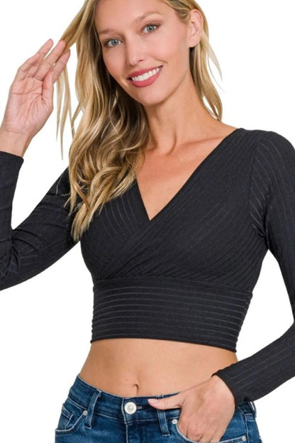 Zenana Ribbed Surplus Waist Band Long Sleeve Top - Which Mark