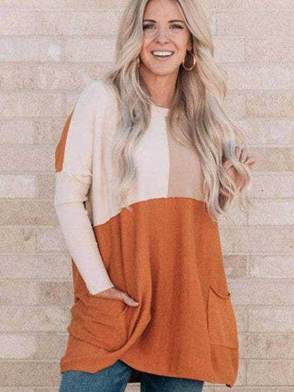 Women's Orange Pocket Color Matching Long-sleeved Top T-shirt - Which Mark