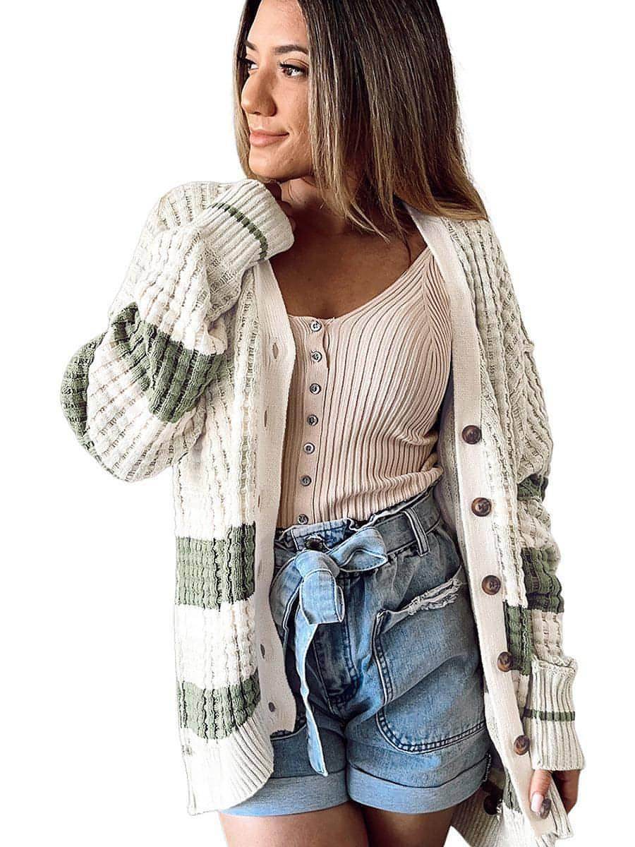 Women's Color Matching Long-sleeved Cardigan Loose Sweater - Which Mark