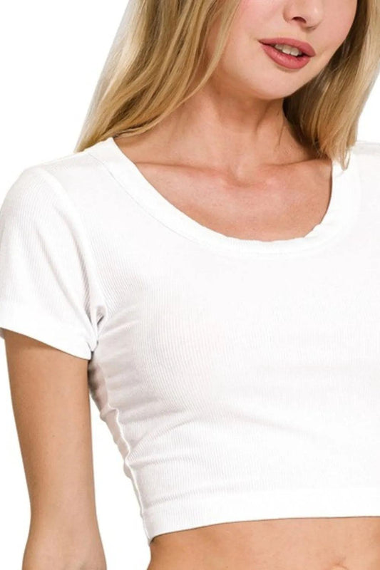 Zenana Ribbed Scoop Neck Crop Short Sleeve Top - Which Mark