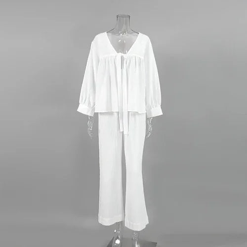 Women's Fashion Long Sleeve Double-layer Crepe Pajamas Trousers Loose - Which Mark