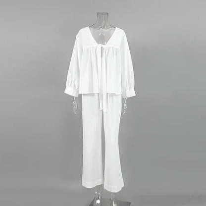 Women's Fashion Long Sleeve Double-layer Crepe Pajamas Trousers Loose - Which Mark