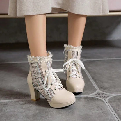 Short Boots Women's Stitching Lace Sweet Thick Heel Women's Shoes – - Which Mark