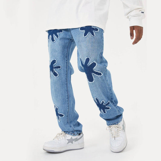 Retro Burnt Flowers Niche Wash Old Jeans For Men - Which Mark