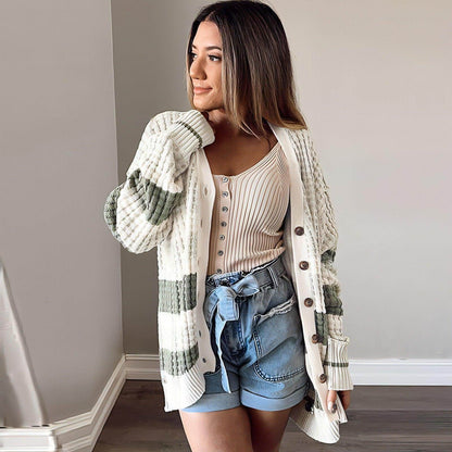 Women's Color Matching Long-sleeved Cardigan Loose Sweater - Which Mark